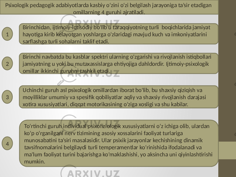 Psixologik pedagogik adabiyotlarda kasbiy o‘zini o‘zi belgilash jarayoniga ta’sir etadigan omillarning 4 guruhi ajratiladi. 21 3 4 Birinchidan, ijtimoiy-iqtisodiy bo‘lib u taraqqiyotning turli boqichlarida jamiyat hayotiga kirib kelayotgan yoshlarga o‘zlaridagi mavjud kuch va imkoniyatlarini sarflashga turli sohalarni taklif etadi. Birinchi navbatda bu kasblar spektri ularning o‘zgarishi va rivojlanish istiqbollari jamiyatning u yoki bu mutaxassislarga ehtiyojiga dahldordir. Ijtimoiy-psixologik omillar ikkinchi guruhni tashkil etadi. Uchinchi guruh asl psixologik omillardan iborat bo‘lib, bu shaxsiy qiziqish va moyilliklar umumiy va spesifik qobiliyatlar aqliy va shaxsiy rivojlanish darajasi xotira xususiyatlari, diqqat motorikasining o‘ziga xosligi va shu kabilar. To‘rtinchi guruh individual psixofiziologik xususiyatlarni o‘z ichiga olib, ulardan ko‘p o‘rganilgani nerv tizimining asosiy xossalarini faoliyat turlariga munosabatini ta’siri masalasidir. Ular psixik jarayonlar kechishining dinamik tavsifnomalarini belgilaydi turli temperamentlar ko‘rinishida ifodalanadi va ma’lum faoliyat turini bajarishga ko‘maklashishi, yo aksincha uni qiyinlashtirishi mumkin. 