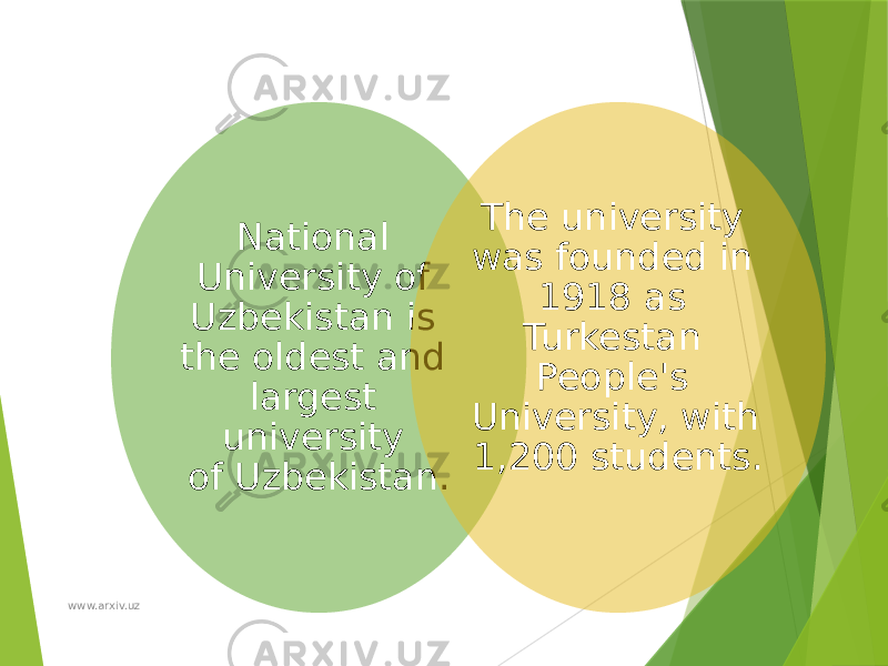 National University of Uzbekistan is the oldest and largest university of Uzbekistan. The university was founded in 1918 as Turkestan People&#39;s University, with 1,200 students. www.arxiv.uz 