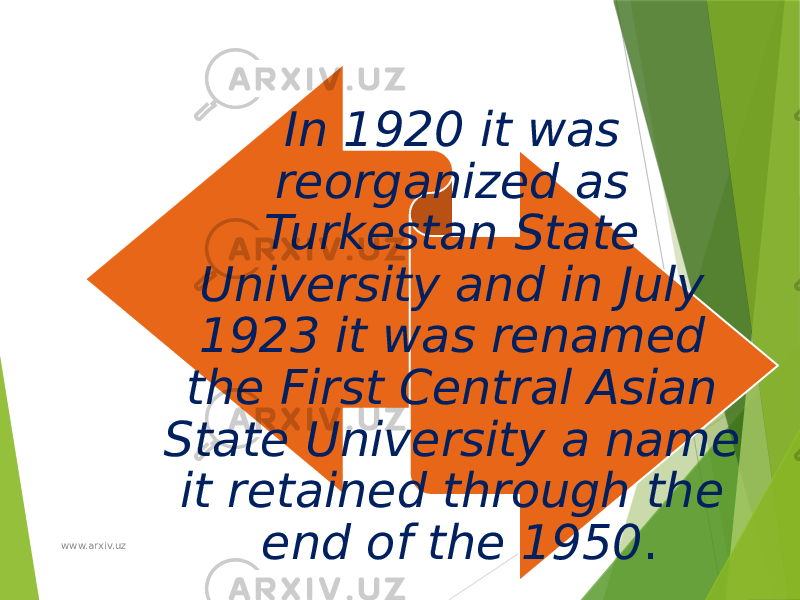 In 1920 it was reorganized as Turkestan State University and in July 1923 it was renamed the First Central Asian State University a name it retained through the end of the 1950 . www.arxiv.uz 
