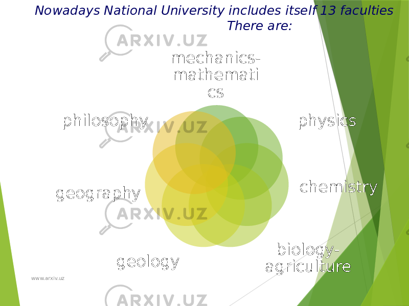 Nowadays National University includes itself 13 faculties There are: mechanics- mathemati cs physics chemistry biology- agriculture geologygeography philosophy www.arxiv.uz 