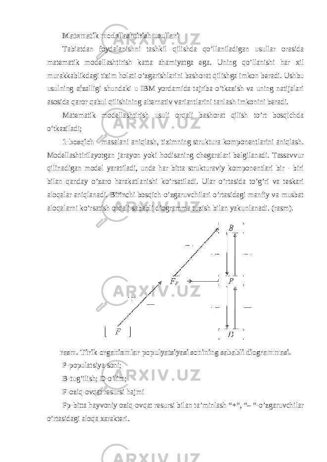 Matematik modellashtirish usullari Tabiatdan foydalanishni tashkil qilishda qo’llaniladigan usullar orasida matematik modellashtirish katta ahamiyatga ega. Uning qo’llanishi har xil murakkablikdagi tizim holati o’zgarishlarini bashorat qilishga imkon beradi. Ushbu usulning afzalligi shundaki u IBM yordamida tajriba o’tkazish va uning natijalari asosida qaror qabul qilishining alternativ variantlarini tanlash imkonini beradi. Matematik modellashtirish usuli orqali bashorat qilish to’rt bosqichda o’tkaziladi; 1-bosqich - masalani aniqlash, tizimning struktura komponentlarini aniqlash. Modellashtirilayotgan jarayon yoki hodisaning chegaralari belgilanadi. Tassavvur qilinadigan model yaratiladi, unda har bitta strukturaviy komponentlari bir - biri bilan qanday o’zaro harakatlanishi ko’rsatiladi. Ular o’rtasida to’g’ri va teskari aloqalar aniqlanadi. Birinchi bosqich o’zgaruvchilari o’rtasidagi manfiy va musbat aloqalarni ko’rsatish orqali sababli diogramma tuzish bilan yakunlanadi. (rasm). rasm. Tirik organizmlar populyatsiyasi sonining sababli diogrammasi. P-populatsiya soni; B-tug’ilish; D-o’lim; F-oziq-ovqat resursi hajmi Fp-bitta hayvoniy oziq-ovqat resursi bilan ta’minlash “+“, “– “-o’zgaruvchilar o’rtasidagi aloqa xarakteri. 