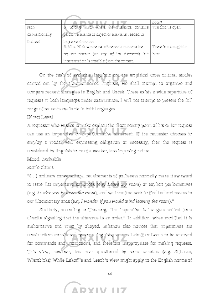 door? Non- conventionally Indirect 8. Strong Hint : where the utterance contains partial reference to object or elements needed to implement the act. The door is open. 9. Mild Hint : where no reference is made to the request proper (or any of its elements) but interpretation is possible from the context. There is a draught in here. On the basis of available linguistic and the empirical cross-cultural studies carried out by the aforementioned linguists, we shall attempt to organize and compare request strategies in English and Uzbek. There exists a wide repertoire of requests in both languages under examination. I will not attempt to present the full range of requests available in both languages. Direct Level A requester who wishes to make explicit the illocutionary point of his or her request can use an imperative or a performative statement. If the requester chooses to employ a modal verb expressing obligation or necessity, then the request is considered by linguists to be of a weaker, less imposing nature. Mood Derivable Searle claims: “(…) ordinary conversational requirements of politeness normally make it awkward to issue flat imperative sentences (e.g. Leave my room ) or explicit performatives (e.g. I order you to leave the room ), and we therefore seek to find indirect means to our illocutionary ends (e.g. I wonder if you would mind leaving the room ).” Similarly, according to Trosborg, “the imperative is the grammatical form directly signaling that the utterance is an order.” In addition, when modified it is authoritative and must by obeyed. Sifianou also notices that imperatives are constructions considered by some linguists, such as Lakoff or Leech to be reserved for commands and instructions, and therefore inappropriate for making requests. This view, however, has been questioned by some scholars (e.g. Sifianou, Wierzbicka) While Lakoff’s and Leech’s view might apply to the English norms of 46 