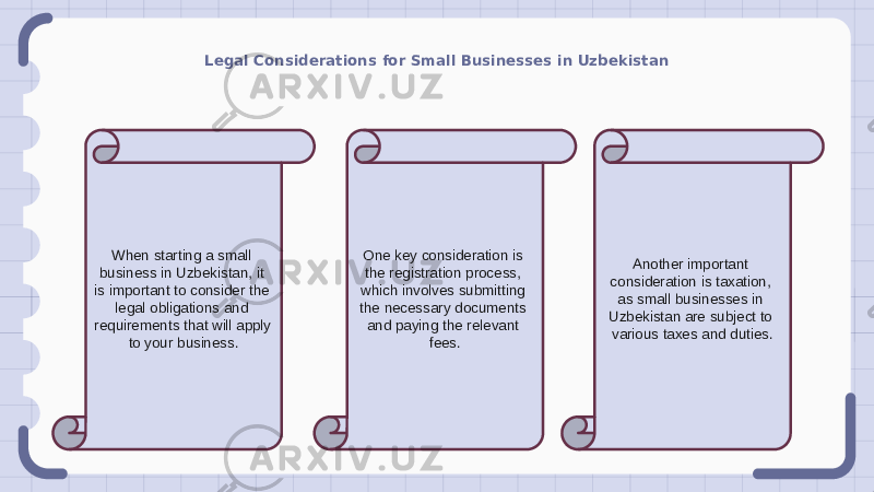 Legal Considerations for Small Businesses in Uzbekistan When starting a small business in Uzbekistan, it is important to consider the legal obligations and requirements that will apply to your business. One key consideration is the registration process, which involves submitting the necessary documents and paying the relevant fees. Another important consideration is taxation, as small businesses in Uzbekistan are subject to various taxes and duties. 