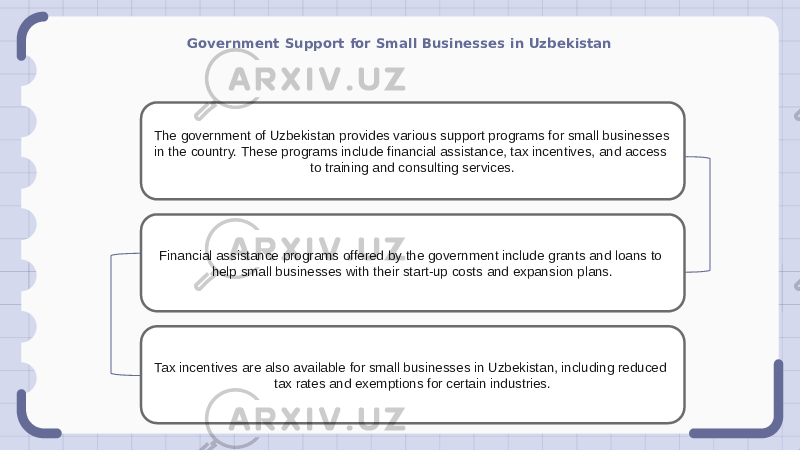 Government Support for Small Businesses in Uzbekistan The government of Uzbekistan provides various support programs for small businesses in the country. These programs include financial assistance, tax incentives, and access to training and consulting services. Financial assistance programs offered by the government include grants and loans to help small businesses with their start-up costs and expansion plans. Tax incentives are also available for small businesses in Uzbekistan, including reduced tax rates and exemptions for certain industries. 