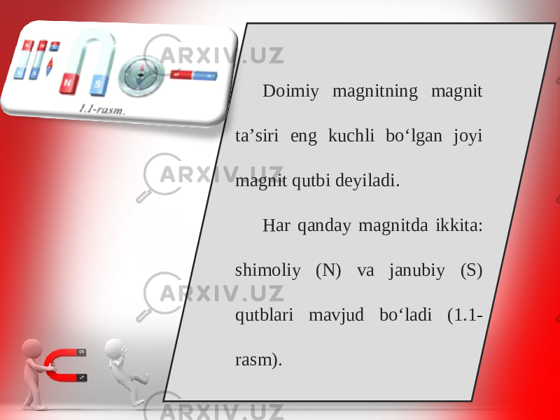 Doimiy magnitning magnit ta’siri eng kuchli bo‘lgan joyi magnit qutbi deyiladi. Har qanda у magnitda ikkita: shim о li у ( N) va janubi у ( S) qutblari mavjud bo‘ladi (1.1- rasm). 