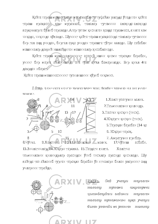 Қайта тараш машиналари мураккаблиги туфайли уларда ўтадиган қайта тараш процесси ҳам мураккаб, толалар тутамини алоҳида-алоҳида порцияларга бўлиб таралади.Агар тутам қисилган ҳолда таралмаса, пилта кам чиқади, чиқинди кўпаяди. Шунинг қайта тараш процессида толалар тутамини бир гал олд учидан, биргал орқа учидан тарашга тўғри келади. Шу сабабли машиналар даврий ишлайдиган машиналар ҳисобланади. Қайта тараш машиналарининг асосий ишчи қисми тароқли барабан, унинг бир марта айланишида 1та тўла цикл бажарилади. Бир цикл 4та даврдан иборат. Қайта тараш машинасининг тузилишини кўриб чиқамиз. 1-давр . Қисқичларга қисилган толалар тутами тараш барабани тароқлар-ида олд учлари таралади. 9 14 1 4 11 6 7 13 12 2 3 5 10 8 15 1.Холст узатувчи валик. 2.Таъминловчи цилиндр. 3.Пастки қисқич (тиск). 4.Юқорги қисқич (тиск). 5.Тароқли барабан (14-қа 6. Юқори тароқ. 7. Ажратувчи прибор. 8.Чўтка. 9.Холстча. 10.11.Яссиловчи валик. 12.Чўзиш асбоби. 13.Зичлагичлар. 14.Юқори тарелка. 15.Таздаги пилта. Холстча таъминловчи цилиндрлар орасидан ўтиб тисклар орасида қисилади. Шу пайтда тез айланиб турган тароқли барабан ўз игналари билан уларнинг олд учларини тарайди. 2-давр. Олд учлари таралган толалар тутами ажратувчи цилиндлардаги олдинги таралган толалар тутамининг орқа учлари билан уланади ва уланган толалар 