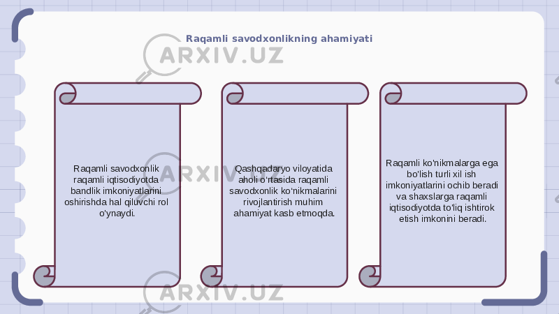 Raqamli savodxonlikning ahamiyati Raqamli savodxonlik raqamli iqtisodiyotda bandlik imkoniyatlarini oshirishda hal qiluvchi rol o&#39;ynaydi. Qashqadaryo viloyatida aholi o‘rtasida raqamli savodxonlik ko‘nikmalarini rivojlantirish muhim ahamiyat kasb etmoqda. Raqamli ko&#39;nikmalarga ega bo&#39;lish turli xil ish imkoniyatlarini ochib beradi va shaxslarga raqamli iqtisodiyotda to&#39;liq ishtirok etish imkonini beradi. 