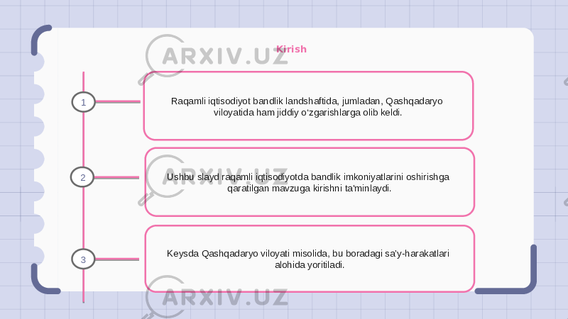 Kirish Raqamli iqtisodiyot bandlik landshaftida, jumladan, Qashqadaryo viloyatida ham jiddiy o‘zgarishlarga olib keldi. Ushbu slayd raqamli iqtisodiyotda bandlik imkoniyatlarini oshirishga qaratilgan mavzuga kirishni ta&#39;minlaydi. Keysda Qashqadaryo viloyati misolida, bu boradagi sa’y-harakatlari alohida yoritiladi.1 2 3 