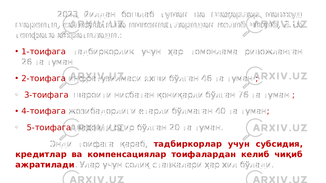  2023 йилдан бошлаб туман ва шаҳарлар мавжуд шароити, салоҳияти ва имкониятларидан келиб чиқиб, 5 та тоифага ажратилади .: • 1-тоифага тадбиркорлик учун ҳар томонлама ривожланган 26 та туман • 2-тоифага инфратузилмаси яхши бўлган 46 та туман ; • 3-тоифага шароити нисбатан қониқарли бўлган 76 та туман ; • 4-тоифага жозибадорлиги етарли бўлмаган 40 та туман ; • 5-тоифага шароити оғир бўлган 20 та туман. Энди тоифага қараб, тадбиркорлар учун субсидия, кредитлар ва компенсациялар тоифалардан келиб чиқиб ажратилади . Улар учун солиқ ставкалари ҳар хил бўлади. 