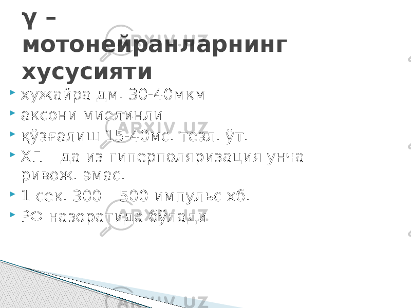 γ – мотонейранларнинг хусусияти  хужайра дм. 30-40мкм  аксони миелинли  қўзғалиш 15-40мс. тезл. ўт.  ХП – да из гиперполяризация унча ривож. эмас.  1 сек. 300 – 500 импульс хб.  РФ назоратида бўлади 