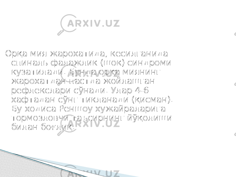 Орқа мия жарохатида, кесилганида спиналь фалажлик (шок) синдроми кузатилади. Бунда орқа миянинг жарохатдан пастда жойлашган рефлекслари сўнади. Улар 4-6 хафтадан сўнг тикланади (қисман). Бу ходиса Реншоу хужайраларига тормозловчи таъсирнинг йўқолиши билан боғлиқ. 