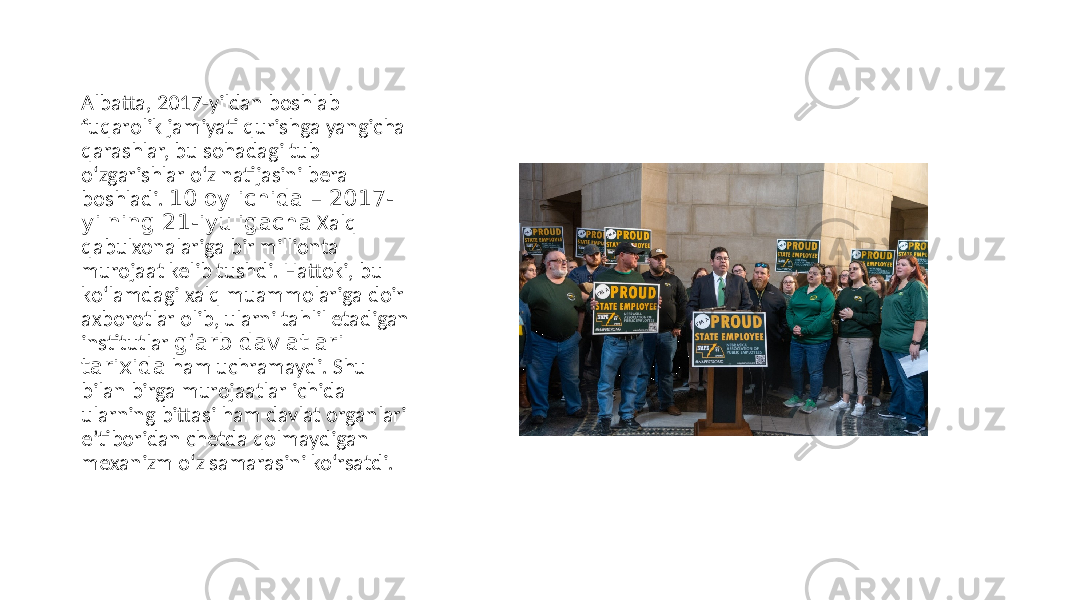Аlbatta, 2017-yildan boshlab fuqarolik jamiyati qurishga yangicha qarashlar, bu sohadagi tub o‘zgarishlar o‘z natijasini bera boshladi. 10 oy ichida – 2017- yilning 21-iyuligacha Xalq qabulxonalariga bir millionta murojaat kelib tushdi. Hattoki, bu ko‘lamdagi xalq muammolariga doir axborotlar olib, ularni tahlil etadigan institutlar g‘arb davlatlari tarixida ham uchramaydi. Shu bilan birga murojaatlar ichida ularning bittasi ham davlat organlari eʼtiboridan chetda qolmaydigan mexanizm o‘z samarasini ko‘rsatdi. 