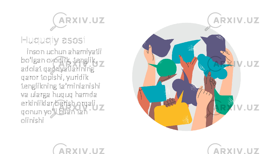 Huquqiy asosi – inson uchun ahamiyatli bo‘lgan ozodlik, tenglik, adolat qadriyatlarining qaror topishi, yuridik tenglikning taʼminlanishi va ularga huquq hamda erkinliklar berish orqali qonun yo‘li bilan tan olinishi 