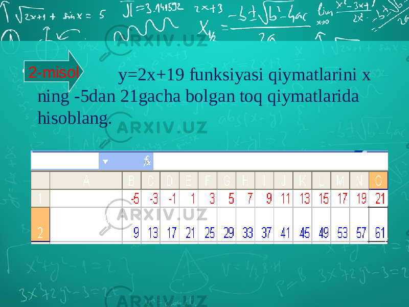 • y=2x+19 funksiyasi qiymatlarini x ning -5dan 21gacha bolgan toq qiymatlarida hisoblang. 2-misol 