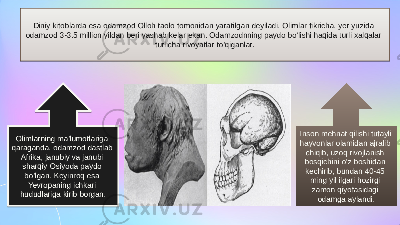 Diniy kitoblarda esa odamzod Olloh taolo tomonidan yaratilgan deyiladi. Olimlar fikricha, yer yuzida odamzod 3-3.5 million yildan beri yashab kelar ekan. Odamzodnning paydo bo’lishi haqida turli xalqalar turlicha rivoyatlar to’qiganlar. Olimlarning ma’lumotlariga qaraganda, odamzod dastlab Afrika, janubiy va janubi sharqiy Osiyoda paydo bo’lgan. Keyinroq esa Yevropaning ichkari hududlariga kirib borgan. Inson mehnat qilishi tufayli hayvonlar olamidan ajralib chiqib, uzoq rivojlanish bosqichini o’z boshidan kechirib, bundan 40-45 ming yil ilgari hozirgi zamon qiyofasidagi odamga aylandi.0C 23170426 1F 37 2904 18 1C 1D2338 3B 071E17 