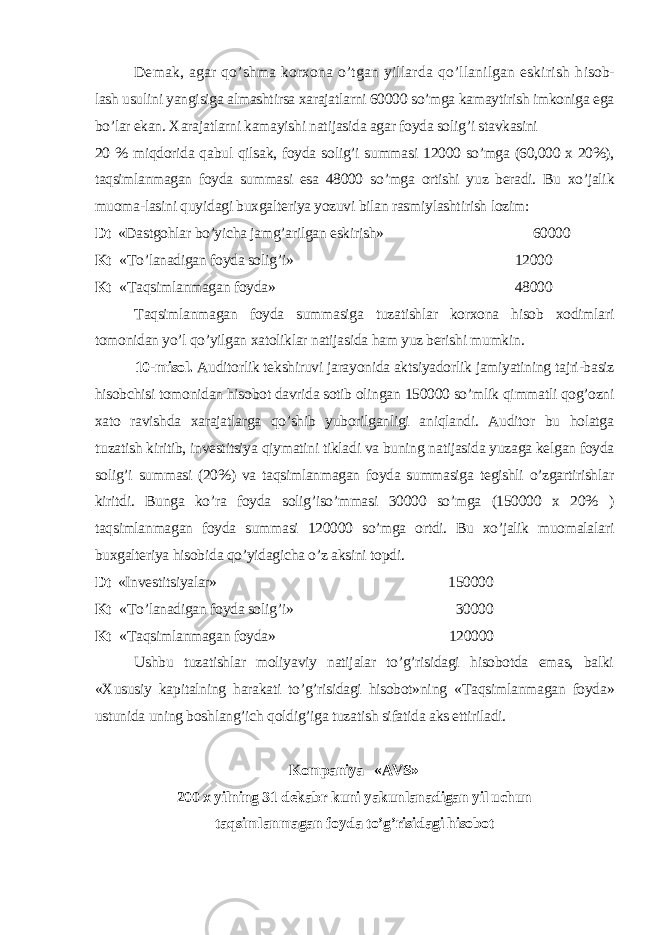 Demak, agar qo’shma korxona o’tgan yillarda qo’llanilgan eskirish h isob- lash usulini yangisiga almashtirsa xarajatlarni 60000 so’mga kamaytirish imkoniga ega bo’lar ekan. Х arajatlarni kamayishi natijasida agar foyda solig’i stavkasini 20 % miqdorida qabul qilsak, foyda solig’i summa si 12000 so’mga (60,000 x 20%), taqsimlanmagan foyda summasi esa 48000 so’mga ortishi yuz beradi. Bu xo’jalik muoma-lasini quyidagi buxgalteriya yozuvi bilan rasmiylashtirish lozim: Dt «Dastgohlar bo’yicha jamg’arilgan eskirish» 60000 Kt « Т o’lanadigan foyda solig’i» 12000 Kt « Т aqsimlanmagan foyda» 48000 Т aqsimlanmagan foyda summasiga tuzatishlar korxona hisob xodimlari tomonidan yo’l qo’yilgan xatoliklar natijasida ham yuz berishi mumkin. 10-misol. Auditorlik tekshiruvi jarayonida aktsiyadorlik jamiyatining tajri-basiz hisobchisi tomonidan hisobot davrida sotib olingan 150000 so’mlik qimmatli qog’ozni xato ravishda xarajatlarga qo’shib yuborilganligi aniqlandi. Auditor bu holatga t u zatish kiritib, investitsiya qiymatini tikladi va buning natijasida yuzaga kelgan foyda solig’i summasi (20%) va taqsimlanmagan foyda summasiga tegishli o’zgartirishlar kiritdi. Bunga ko’ra foyda solig’iso’mmasi 30000 so’mga (150000 x 20% ) taqsimlanmagan foyda summasi 120000 so’mga ortdi. Bu xo’jalik muomalalari buxgalteriya hisobida qo’yidagicha o’z aksini topdi. Dt «Investitsiyalar» 150000 Kt « Т o’lanadigan foyda solig’i» 30000 Kt « Т aqsimlanmagan foyda» 120000 Ushbu tuzatishlar moliyaviy natijalar to’g’risidagi hisobotda emas, balki « Х ususiy kapitalning harakati to’g’risidagi hisobot»ning « Т aqsimlanmagan foyda» ustunida uning boshlang’ich qoldig’iga tuzatish sifatida aks ettiriladi. Kompaniya «AVS» 200 x yilning 31 dekabr kuni yakunlanadigan yil uchun taqsimlanmagan foyda to’g’risidagi hisobot 