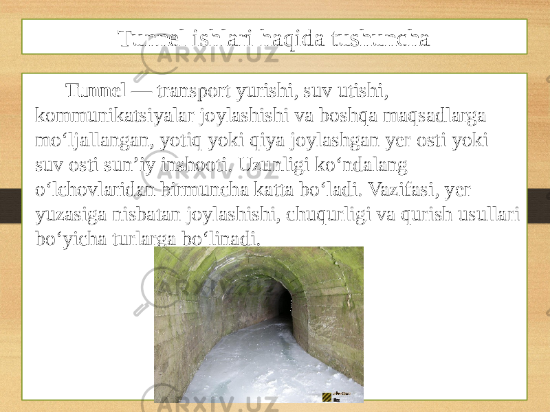 Tunnel — transport yurishi, suv utishi, kommunikatsiyalar joylashishi va boshqa maqsadlarga moʻljallangan, yotiq yoki qiya joylashgan yer osti yoki suv osti sunʼiy inshooti. Uzunligi koʻndalang oʻlchovlaridan birmuncha katta boʻladi. Vazifasi, yer yuzasiga nisbatan joylashishi, chuqurligi va qurish usullari boʻyicha turlarga boʻlinadi. Tunnel ishlari haqida tushuncha 