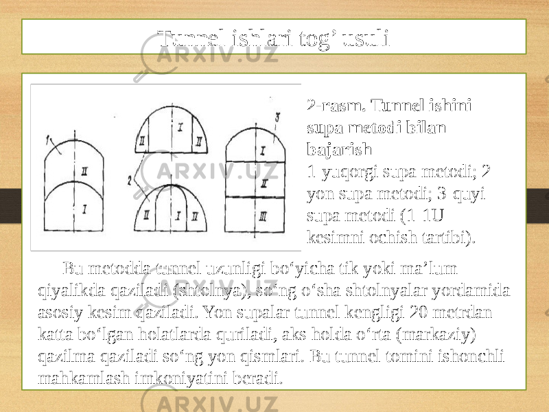 Bu metodda tunnel uzunligi bo‘yicha tik yoki ma’lum qiyalikda qaziladi (shtolnya), so‘ng o‘sha shtolnyalar yordamida asosiy kesim qaziladi. Yon supalar tunnel kengligi 20 metrdan katta bo‘lgan holatlarda quriladi, aks holda o‘rta (markaziy) qazilma qaziladi so‘ng yon qismlari. Bu tunnel tomini ishonchli mahkamlash imkoniyatini beradi. Tunnel ishlari tog’ usuli 2-rasm. Tunnel ishini supa metodi bilan bajarish 1-yuqorgi supa metodi; 2- yon supa metodi; 3-quyi supa metodi (1-1U- kesimni ochish tartibi). 