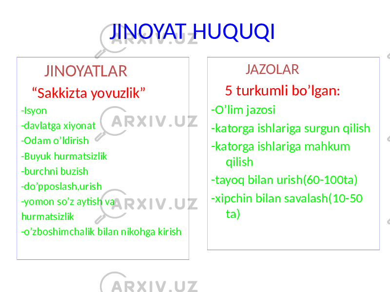 JINOYAT HUQUQI JINOYATLAR “ Sakkizta yovuzlik” -Isyon -davlatga xiyonat -Odam o’ldirish -Buyuk hurmatsizlik -burchni buzish -do’pposlash,urish -yomon so’z aytish va hurmatsizlik -o’zboshimchalik bilan nikohga kirish JAZOLAR 5 turkumli bo’lgan: -O’lim jazosi -katorga ishlariga surgun qilish -katorga ishlariga mahkum qilish -tayoq bilan urish(60-100ta) -xipchin bilan savalash(10-50 ta) 