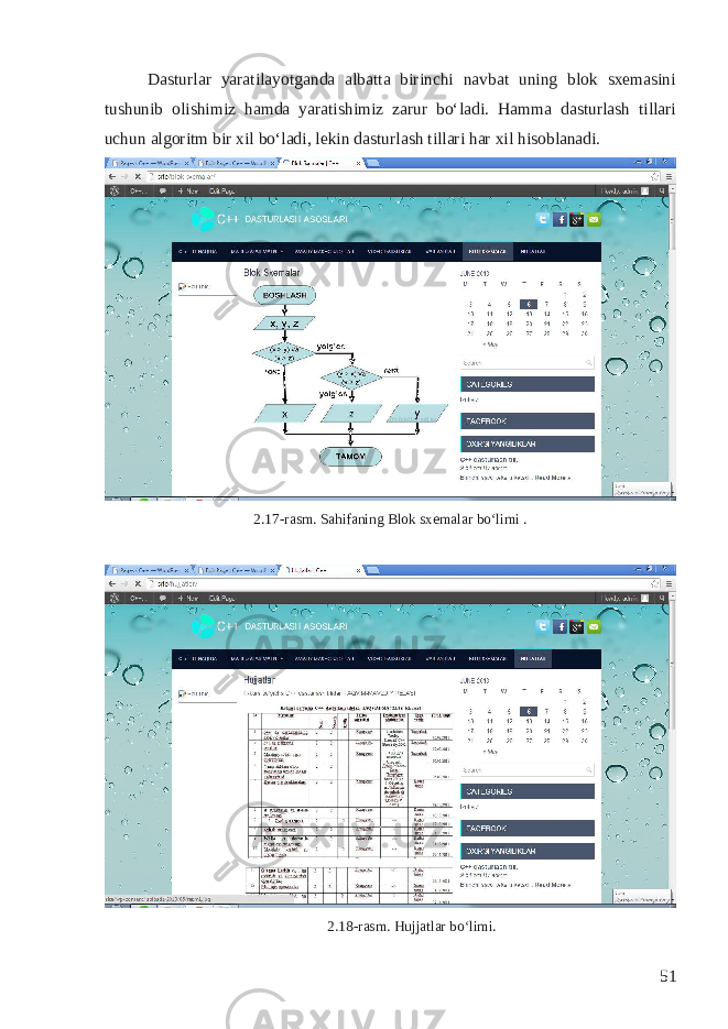 Dasturlar yaratilayotganda albatta birinchi navbat uning blok sxemasini tushunib olishimiz hamda yaratishimiz zarur bo‘ladi. Hamma dasturlash tillari uchun algoritm bir xil bo‘ladi, lekin dasturlash tillari har xil hisoblanadi. 2.17-rasm. Sahifaning Blok sxemalar bo‘limi . 2.18-rasm. Hujjatlar bo‘limi. 51 