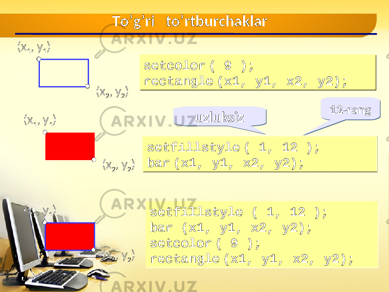 To’g’ri to’rtburchaklar ( x 1 , y 1 ) ( x 2 , y 2 ) setcolor ( 9 ) ; rectangle (x1, y1, x2, y2) ;setcolor ( 9 ) ; rectangle (x1, y1, x2, y2) ; ( x 1 , y 1 ) ( x 2 , y 2 ) setfillstyle ( 1, 12 ) ; bar (x1, y1, x2, y2) ;setfillstyle ( 1, 12 ) ; bar (x1, y1, x2, y2) ; ( x 1 , y 1 ) ( x 2 , y 2 ) setfillstyle ( 1, 12 ); bar (x1, y1, x2, y2); setcolor ( 9 ) ; rectangle (x1, y1, x2, y2) ;setfillstyle ( 1, 12 ); bar (x1, y1, x2, y2); setcolor ( 9 ) ; rectangle (x1, y1, x2, y2) ;12-rang12-rang uzluksizuzluksiz 