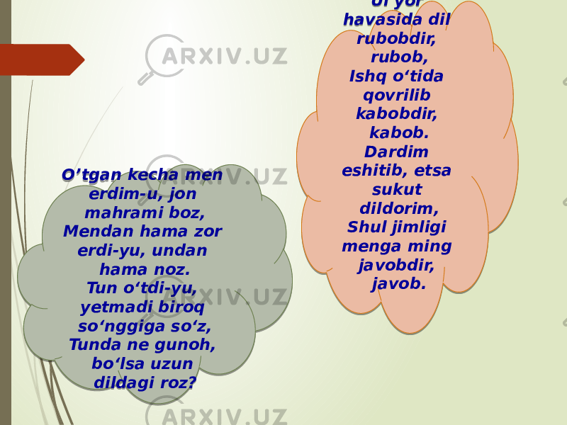 O’tgan kecha men erdim-u, jon mahrami boz, Mendan hama zor erdi-yu, undan hama noz. Tun o‘tdi-yu, yetmadi biroq so‘nggiga so‘z, Tunda ne gunoh, bo‘lsa uzun dildagi roz? Ul yor havasida dil rubobdir, rubob, Ishq o‘tida qovrilib kabobdir, kabob. Dardim eshitib, etsa sukut dildorim, Shul jimligi menga ming javobdir, javob. 48 0E 0B 21 0E 1B 39 0C 1204 39 16 06 46 1B 10 10 40 1C 0F0216 0F 0D02 0E 120A 06 1A1B 0B 17 17 