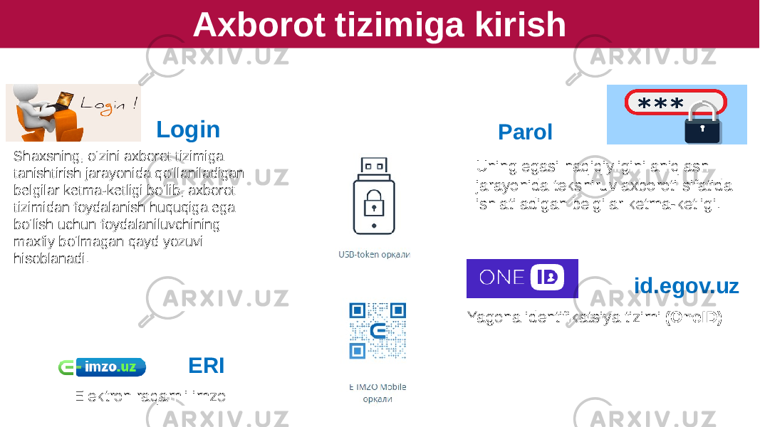 Login Shaxsning, o‘zini axborot tizimiga tanishtirish jarayonida qo‘llaniladigan belgilar ketma-ketligi bo‘lib, axborot tizimidan foydalanish huquqiga ega bo‘lish uchun foydalaniluvchining maxfiy bo‘lmagan qayd yozuvi hisoblanadi. Parol Uning egasi haqiqiyligini aniqlash jarayonida tekshiruv axboroti sifatida ishlatiladigan belgilar ketma-ketligi.Axborot tizimiga kirish id.egov.uz Yagona identifikatsiya tizimi (OneID) ERI Elektron raqamli imzo 