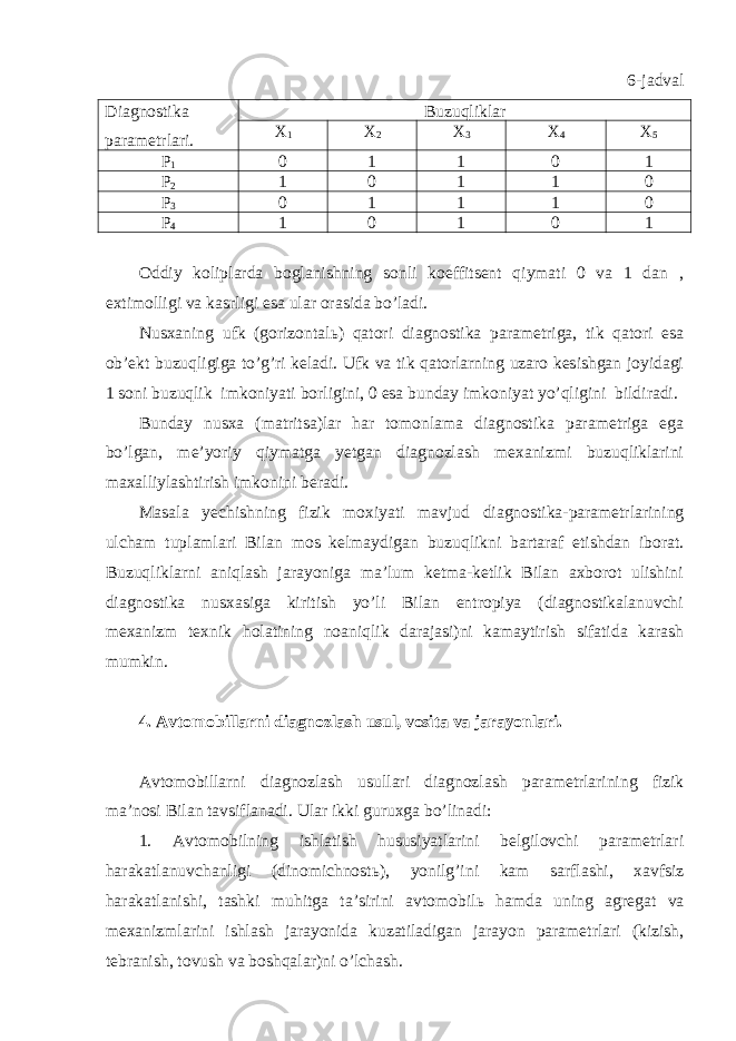 6-jadval Diagnostika parametrlari. Buzuqliklar X 1 X 2 X 3 X 4 X 5 P 1 0 1 1 0 1 P 2 1 0 1 1 0 P 3 0 1 1 1 0 P 4 1 0 1 0 1 Oddiy koliplarda boglanishning sonli koeffitsent qiymati 0 va 1 dan , extimolligi va kasrligi esa ular orasida bo’ladi. Nusxaning ufk (gorizontal ь ) qatori diagnostika parametriga, tik qatori esa ob’ekt buzuqligiga to’g’ri keladi. Ufk va tik qatorlarning uzaro kesishgan joyidagi 1 soni buzuqlik imkoniyati borligini, 0 esa bunday imkoniyat yo’qligini bildiradi. Bunday nusxa (matritsa)lar har tomonlama diagnostika parametriga ega bo’lgan, me’yoriy qiymatga yetgan diagnozlash mexanizmi buzuqliklarini maxalliylashtirish imkonini beradi. Masala yechishning fizik moxiyati mavjud diagnostika-parametrlarining ulcham tuplamlari Bilan mos kelmaydigan buzuqlikni bartaraf etishdan iborat. Buzuqliklarni aniqlash jarayoniga ma’lum ketma-ketlik Bilan axborot ulishini diagnostika nusxasiga kiritish yo’li Bilan entropiya (diagnostikalanuvchi mexanizm texnik holatining noaniqlik darajasi)ni kamaytirish sifatida karash mumkin. 4. Avtomobillarni diagnozlash usul, vosita va jarayonlari. Avtomobillarni diagnozlash usullari diagnozlash parametrlarining fizik ma’nosi Bilan tavsiflanadi. Ular ikki guruxga bo’linadi: 1. Avtomobilning ishlatish hususiyatlarini belgilovchi parametrlari harakatlanuvchanligi (dinomichnost ь ), yonilg’ini kam sarflashi, xavfsiz harakatlanishi, tashki muhitga ta’sirini avtomobil ь hamda uning agregat va mexanizmlarini ishlash jarayonida kuzatiladigan jarayon parametrlari (kizish, tebranish, tovush va boshqalar)ni o’lchash. 