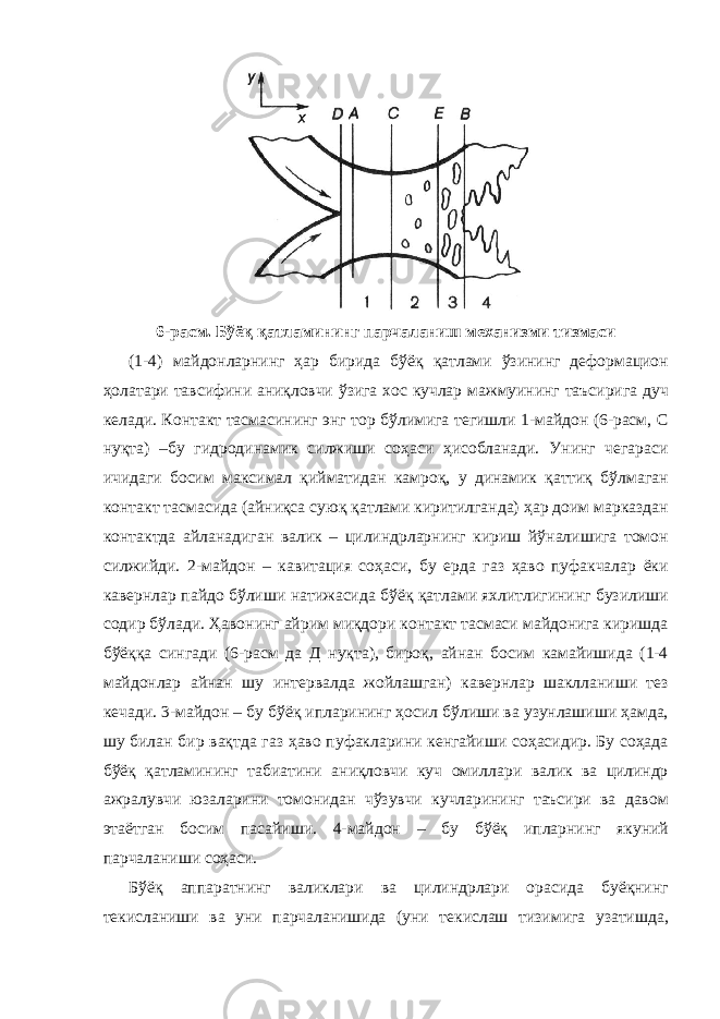 6-расм. Бўёқ қатламининг парчаланиш механизми тизмаси (1-4) майдонларнинг ҳар бирида бўёқ қатлами ўзининг деформацион ҳолатари тавсифини аниқловчи ўзига хос кучлар мажмуининг таъсирига дуч келади. Контакт тасмасининг энг тор бўлимига тегишли 1-майдон (6-расм, C нуқта) –бу гидродинамик силжиши соҳаси ҳисобланади. Унинг чегараси ичидаги босим максимал қийматидан камроқ, у динамик қаттиқ бўлмаган контакт тасмасида (айниқса суюқ қатлами киритилганда) ҳар доим марказдан контактда айланадиган валик – цилиндрларнинг кириш йўналишига томон силжийди. 2-майдон – кавитация соҳаси, бу ерда газ ҳаво пуфакчалар ёки кавернлар пайдо бўлиши натижасида бўёқ қатлами яхлитлигининг бузилиши содир бўлади. Ҳавонинг айрим миқдори контакт тасмаси майдонига киришда бўёққа сингади (6-расм да Д нуқта), бироқ, айнан босим камайишида (1-4 майдонлар айнан шу интервалда жойлашган) кавернлар шаклланиши тез кечади. 3-майдон – бу бўёқ ипларининг ҳосил бўлиши ва узунлашиши ҳамда, шу билан бир вақтда газ ҳаво пуфакларини кенгайиши соҳасидир. Бу соҳада бўёқ қатламининг табиатини аниқловчи куч омиллари валик ва цилиндр ажралувчи юзаларини томонидан чўзувчи кучларининг таъсири ва давом этаётган босим пасайиши. 4-майдон – бу бўёқ ипларнинг якуний парчаланиши соҳаси. Бўёқ аппаратнинг валиклари ва цилиндрлари орасида буёқнинг текисланиши ва уни парчаланишида (уни текислаш тизимига узатишда, 