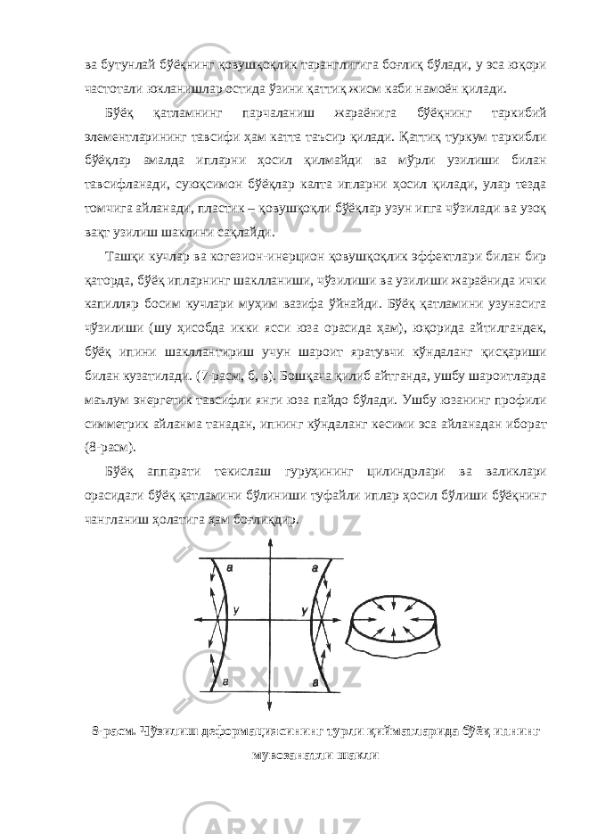 ва бутунлай бўёқнинг қовушқоқлик таранглигига боғлиқ бўлади, у эса юқори частотали юкланишлар остида ўзини қаттиқ жисм каби намоён қилади. Бўёқ қатламнинг парчаланиш жараёнига бўёқнинг таркибий элементларининг тавсифи ҳам катта таъсир қилади. Қаттиқ туркум таркибли бўёқлар амалда ипларни ҳосил қилмайди ва мўрли узилиши билан тавсифланади, суюқсимон бўёқлар калта ипларни ҳосил қилади, улар тезда томчига айланади, пластик – қовушқоқли бўёқлар узун ипга чўзилади ва узоқ вақт узилиш шаклини сақлайди. Ташқи кучлар ва когезион-инерцион қовушқоқлик эффектлари билан бир қаторда, бўёқ ипларнинг шаклланиши, чўзилиши ва узилиши жараёнида ички капилляр босим кучлари муҳим вазифа ўйнайди. Бўёқ қатламини узунасига чўзилиши (шу ҳисобда икки ясси юза орасида ҳам), юқорида айтилгандек, бўёқ ипини шакллантириш учун шароит яратувчи кўндаланг қисқариши билан кузатилади. (7-расм, б, в). Бошқача қилиб айтганда, ушбу шароитларда маълум энергетик тавсифли янги юза пайдо бўлади. Ушбу юзанинг профили симметрик айланма танадан, ипнинг кўндаланг кесими эса айланадан иборат (8-расм). Бўёқ аппарати текислаш гуруҳининг цилиндрлари ва валиклари орасидаги бўёқ қатламини бўлиниши туфайли иплар ҳосил бўлиши бўёқнинг чангланиш ҳолатига ҳам боғлиқдир. 8-расм. Чўзилиш деформациясининг турли қийматларида бўёқ ипнинг мувозанатли шакли 