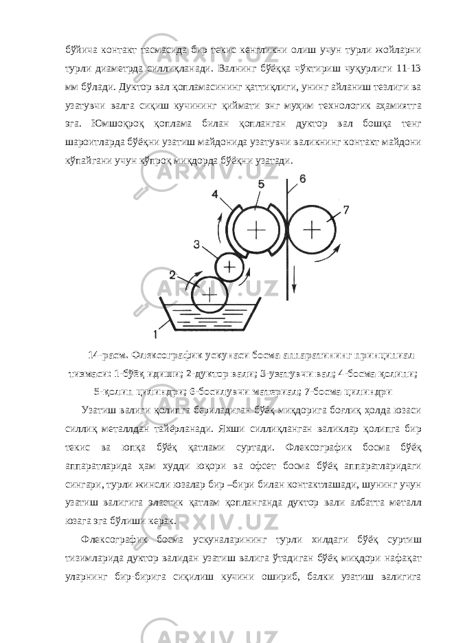 бўйича контакт тасмасида бир текис кенгликни олиш учун турли жойларни турли диаметрда силлиқланади. Валнинг бўёққа чўктириш чуқурлиги 11-13 мм бўлади. Дуктор вал қопламасининг қаттиқлиги, унинг айланиш тезлиги ва узатувчи валга сиқиш кучининг қиймати энг муҳим технологик аҳамиятга эга. Юмшоқроқ қоплама билан қопланган дуктор вал бошқа тенг шароитларда бўёқни узатиш майдонида узатувчи валикнинг контакт майдони кўпайгани учун кўпроқ миқдорда бўёқни узатади. 14-расм. Флексографик ускунаси босма аппаратининг принципиал тизмаси: 1-бўёқ идиши; 2-дуктор вали; 3-узатувчи вал; 4-босма қолипи; 5-қолип цилиндри; 6-босилувчи материал; 7-босма цилиндри Узатиш валиги қолипга бериладиган бўёқ миқдорига боғлиқ ҳолда юзаси силлиқ металлдан тайёрланади. Яхши силлиқланган валиклар қолипга бир текис ва юпқа бўёқ қатлами суртади. Флексографик босма бўёқ аппаратларида ҳам худди юқори ва офсет босма бўёқ аппаратларидаги сингари, турли жинсли юзалар бир –бири билан контактлашади, шунинг учун узатиш валигига эластик қатлам қопланганда дуктор вали албатта металл юзага эга бўлиши керак. Флексографик босма ускуналарининг турли хилдаги бўёқ суртиш тизимларида дуктор валидан узатиш валига ўтадиган бўёқ миқдори нафақат уларнинг бир-бирига сиқилиш кучини ошириб, балки узатиш валигига 