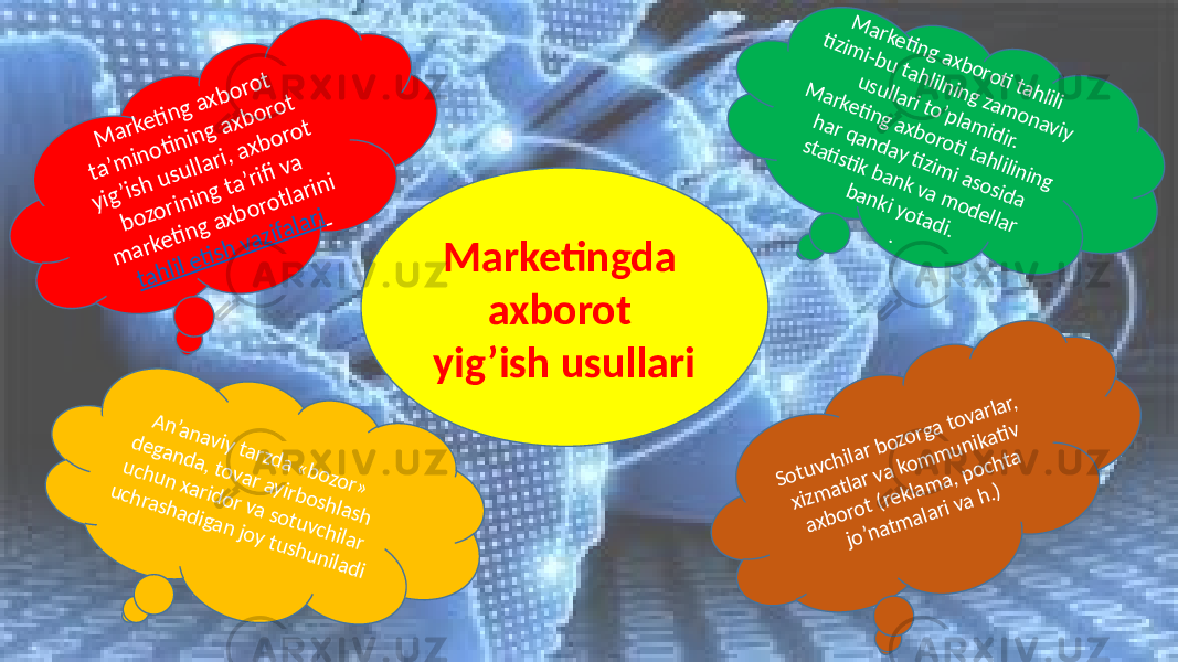 Marketingda axborot yig’ish usullari  M arketing axboroti tahlili  tizim i-bu tahlilning zam onaviy  usullari to’plam idir.  M arketing axboroti tahlilining  har qanday tizim i asosida  statistik bank va m odellar  banki yotadi.  .  Sotuvchilar bozorga tovarlar,  xizm atlar va kom m unikativ  axborot (reklam a, pochta  jo’natm alari va h.)  An’anaviy tarzda «bozor»  deganda, tovar ayirboshlash  uchun xaridor va sotuvchilar  uchrashadigan joy tushuniladi M arketi ng axbo ro t  ta’m ino ti ning axbo ro t  yig’ish u sullari, axbo ro t  bozo rining ta’rifi  va  m arketi n g axborotlarin i  tahlil eti sh vazifalari  