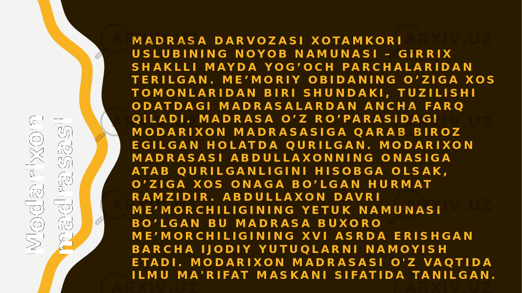 M A D R A S A D A R V O Z A S I X O T A M K O R I U S L U B I N I N G N O Y O B N A M U N A S I – G I R R I X S H A K L L I M A Y D A Y O G ’ O C H P A R C H A L A R I D A N T E R I L G A N . M E ’ M O R I Y O B I D A N I N G O ’ Z I G A X O S T O M O N L A R I D A N B I R I S H U N D A K I , T U Z I L I S H I O D A T D A G I M A D R A S A L A R D A N A N C H A F A R Q Q I L A D I . M A D R A S A O ’ Z R O ’ P A R A S I D A G I M O D A R I X O N M A D R A S A S I G A Q A R A B B I R O Z E G I L G A N H O L A T D A Q U R I L G A N . M O D A R I X O N M A D R A S A S I A B D U L L A X O N N I N G O N A S I G A A T A B Q U R I L G A N L I G I N I H I S O B G A O L S A K , O ’ Z I G A X O S O N A G A B O ’ L G A N H U R M A T R A M Z I D I R . A B D U L L A X O N D A V R I M E ’ M O R C H I L I G I N I N G Y E T U K N A M U N A S I B O ’ L G A N B U M A D R A S A B U X O R O M E ’ M O R C H I L I G I N I N G X V I A S R D A E R I S H G A N B A R C H A I J O D I Y Y U T U Q L A R N I N A M O Y I S H E T A D I . M O D A R I X O N M A D R A S A S I O &#39; Z V A Q T I D A I L M U M A &#39; R I F A T M A S K A N I S I F A T I D A T A N I L G A N .M o d a r i x o n m a d r a s a s i 