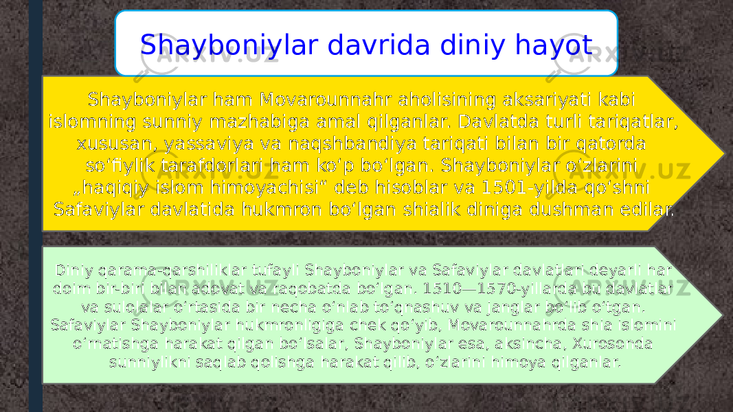 Shayboniylar ham Movarounnahr aholisining aksariyati kabi islomning sunniy mazhabiga amal qilganlar. Davlatda turli tariqatlar, xususan, yassaviya va naqshbandiya tariqati bilan bir qatorda so‘fiylik tarafdorlari ham ko‘p bo‘lgan. Shayboniylar oʻzlarini „haqiqiy islom himoyachisi“ deb hisoblar va 1501-yilda qoʻshni Safaviylar davlatida hukmron boʻlgan shialik diniga dushman edilar. Diniy qarama-qarshiliklar tufayli Shayboniylar va Safaviylar davlatlari deyarli har doim bir-biri bilan adovat va raqobatda boʻlgan. 1510—1570-yillarda bu davlatlar va sulolalar oʻrtasida bir necha oʻnlab toʻqnashuv va janglar boʻlib oʻtgan. Safaviylar Shayboniylar hukmronligiga chek qoʻyib, Movarounnahrda shia islomini oʻrnatishga harakat qilgan boʻlsalar, Shayboniylar esa, aksincha, Xurosonda sunniylikni saqlab qolishga harakat qilib, oʻzlarini himoya qilganlar. Shayboniylar davrida diniy hayot 