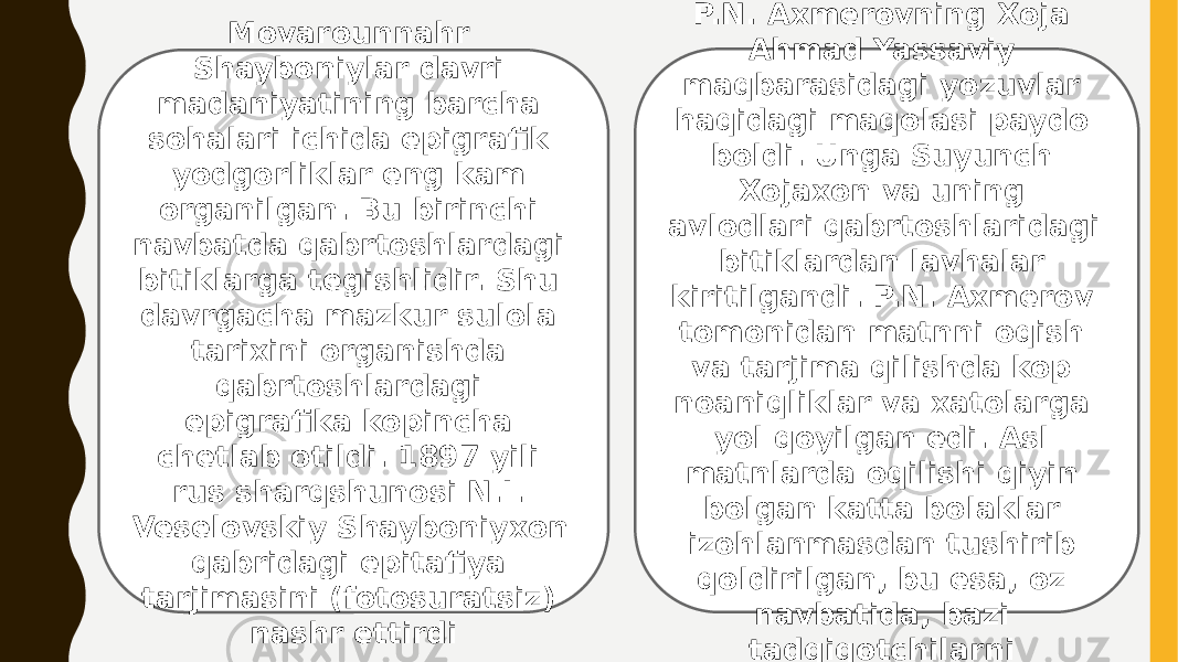 Movarounnahr Shayboniylar davri madaniyatining barcha sohalari ichida epigrafik yodgorliklar eng kam organilgan. Bu birinchi navbatda qabrtoshlardagi bitiklarga tegishlidir. Shu davrgacha mazkur sulola tarixini organishda qabrtoshlardagi epigrafika kopincha chetlab otildi. 1897 yili rus sharqshunosi N.I. Veselovskiy Shayboniyxon qabridagi epitafiya tarjimasini (fotosuratsiz) nashr ettirdi Oradan ikki yil otgach, P.N. Axmerovning Xoja Ahmad Yassaviy maqbarasidagi yozuvlar haqidagi maqolasi paydo boldi. Unga Suyunch Xojaxon va uning avlodlari qabrtoshlaridagi bitiklardan lavhalar kiritilgandi. P.N. Axmerov tomonidan matnni oqish va tarjima qilishda kop noaniqliklar va xatolarga yol qoyilgan edi. Asl matnlarda oqilishi qiyin bolgan katta bolaklar izohlanmasdan tushirib qoldirilgan, bu esa, oz navbatida, bazi tadqiqotchilarni adashtirgan 