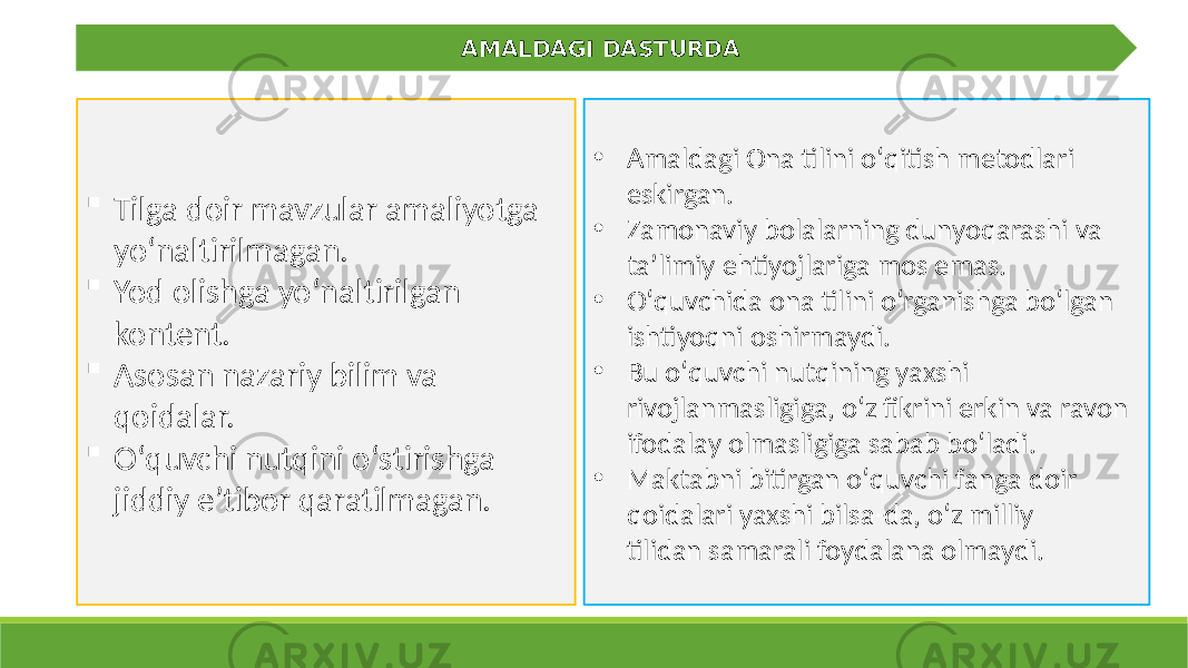 AMALDAGI DASTURDA  Tilga doir mavzular amaliyotga yoʻnaltirilmagan.  Yod olishga yoʻnaltirilgan kontent.  Asosan nazariy bilim va qoidalar.  Oʻquvchi nutqini oʻstirishga jiddiy e’tibor qaratilmagan. • Amaldagi Ona tilini oʻqitish metodlari eskirgan. • Zamonaviy bolalarning dunyoqarashi va taʼlimiy ehtiyojlariga mos emas. • Oʻquvchida ona tilini oʻrganishga boʻlgan ishtiyoqni oshirmaydi. • Bu oʻquvchi nutqining yaxshi rivojlanmasligiga, oʻz fikrini erkin va ravon ifodalay olmasligiga sabab boʻladi. • Maktabni bitirgan oʻquvchi fanga doir qoidalari yaxshi bilsa-da, oʻz milliy tilidan samarali foydalana olmaydi. 