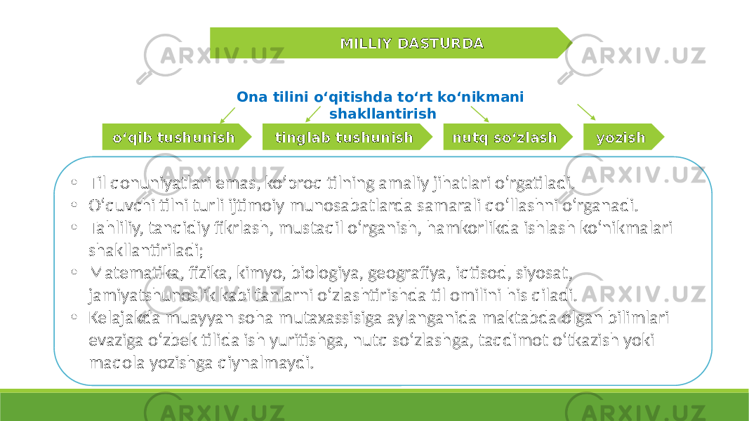 Ona tilini oʻqitishda toʻrt koʻnikmani shakllantirish oʻqib tushunish tinglab tushunish nutq soʻzlash yozish • Til qonuniyatlari emas, koʻproq tilning amaliy jihatlari oʻrgatiladi. • Oʻquvchi tilni turli ijtimoiy munosabatlarda samarali qoʻllashni oʻrganadi. • Tahliliy, tanqidiy fikrlash, mustaqil oʻrganish, hamkorlikda ishlash koʻnikmalari shakllantiriladi; • Matematika, fizika, kimyo, biologiya, geografiya, iqtisod, siyosat, jamiyatshunoslik kabi fanlarni oʻzlashtirishda til omilini his qiladi. • Kelajakda muayyan soha mutaxassisiga aylanganida maktabda olgan bilimlari evaziga oʻzbek tilida ish yuritishga, nutq soʻzlashga, taqdimot oʻtkazish yoki maqola yozishga qiynalmaydi. MILLIY DASTURDA 