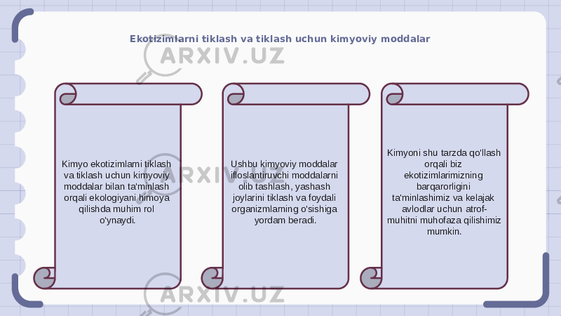 Ekotizimlarni tiklash va tiklash uchun kimyoviy moddalar Kimyo ekotizimlarni tiklash va tiklash uchun kimyoviy moddalar bilan ta&#39;minlash orqali ekologiyani himoya qilishda muhim rol o&#39;ynaydi. Ushbu kimyoviy moddalar ifloslantiruvchi moddalarni olib tashlash, yashash joylarini tiklash va foydali organizmlarning o&#39;sishiga yordam beradi. Kimyoni shu tarzda qo&#39;llash orqali biz ekotizimlarimizning barqarorligini ta&#39;minlashimiz va kelajak avlodlar uchun atrof- muhitni muhofaza qilishimiz mumkin. 