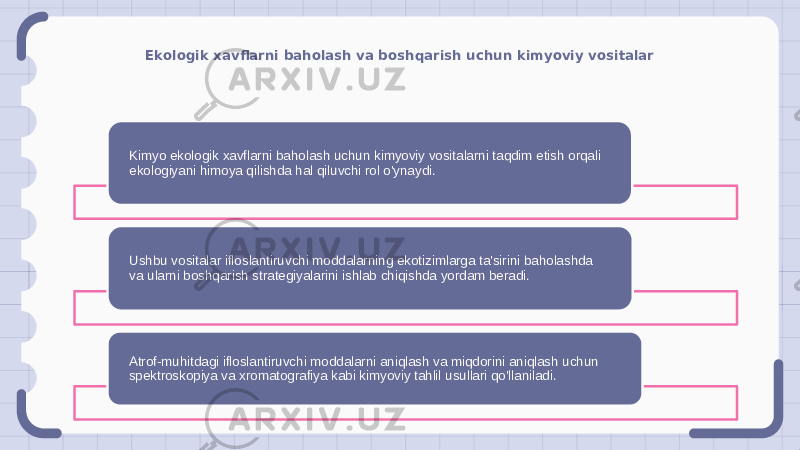 Ekologik xavflarni baholash va boshqarish uchun kimyoviy vositalar Kimyo ekologik xavflarni baholash uchun kimyoviy vositalarni taqdim etish orqali ekologiyani himoya qilishda hal qiluvchi rol o&#39;ynaydi. Ushbu vositalar ifloslantiruvchi moddalarning ekotizimlarga ta&#39;sirini baholashda va ularni boshqarish strategiyalarini ishlab chiqishda yordam beradi. Atrof-muhitdagi ifloslantiruvchi moddalarni aniqlash va miqdorini aniqlash uchun spektroskopiya va xromatografiya kabi kimyoviy tahlil usullari qo&#39;llaniladi. 