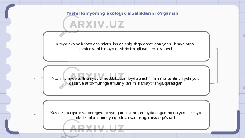 Yashil kimyoning ekologik afzalliklarini o&#39;rganish Kimyo ekologik toza echimlarni ishlab chiqishga qaratilgan yashil kimyo orqali ekologiyani himoya qilishda hal qiluvchi rol o&#39;ynaydi. Yashil kimyo xavfli kimyoviy moddalardan foydalanishni minimallashtirish yoki yo&#39;q qilish va atrof-muhitga umumiy ta&#39;sirni kamaytirishga qaratilgan. Xavfsiz, barqaror va energiya tejaydigan usullardan foydalangan holda yashil kimyo ekotizimlarni himoya qilish va saqlashga hissa qo&#39;shadi. 