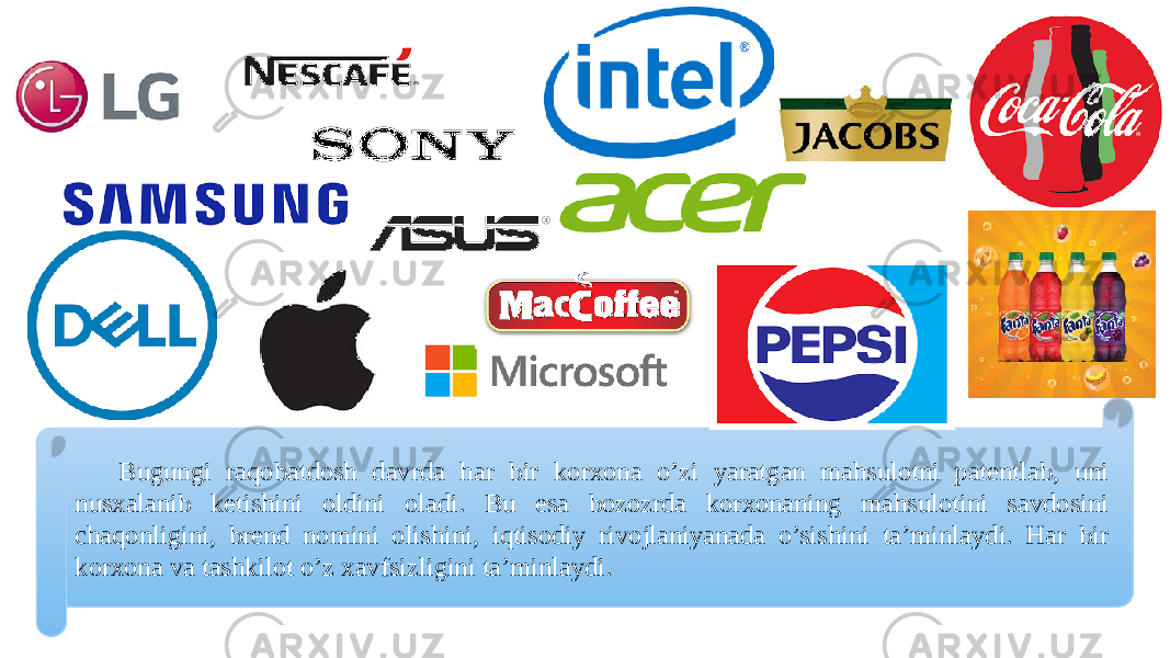 Bugungi raqobatdosh davrda har bir korxona o’zi yaratgan mahsulotni patentlab, uni nusxalanib ketishini oldini oladi. Bu esa bozozrda korxonaning mahsulotini savdosini chaqonligini, brend nomini olishini, iqtisodiy rivojlaniyanada o’sishini ta’minlaydi. Har bir korxona va tashkilot o’z xavfsizligini ta’minlaydi. 