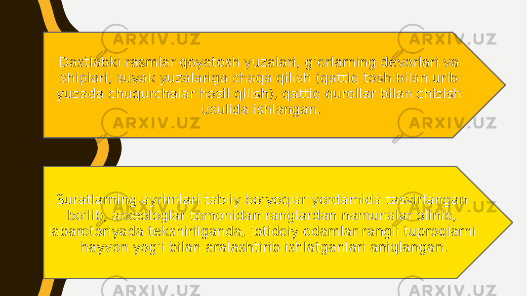 Dastlabki rasmlar qoyatosh yuzalari, g’orlarning devorlari va shiplari, suyak yuzalariga chaqa qilish (qattiq tosh bilan urib yuzada chuqurchalar hosil qilish), qattiq qurollar bilan chizish usulida ishlangan. Suratlarning ayrimlari tabiiy bo’yoqlar yordamida tasvirlangan bo’lib, arxeologlar tomonidan ranglardan namunalar olinib, labarotoriyada tekshirilganda, ibtidoiy odamlar rangli tuproqlarni hayvon yog’i bilan aralashtirib ishlatganlari aniqlangan. 