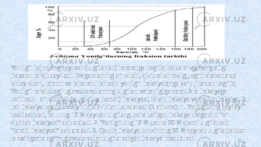  20Yonilg‘i hajmining qaynash (bug‘lanish) haroratiga bog‘liq holda o‘zgarish grafigi fraksion tarkib deyiladi. Dvigatelarning o‘t olishi, qizib olish tezligi, og‘ir sharoitlarda ishlay olishi, tejamli va ishonchli ishlashi yonilg‘i fraksiyalariga ko‘p jihatdan bog‘liq. Yonilg‘i tarkibidagi uglevodorodlarning bug‘lanuvchanligiga qarab 3 ta fraksiyaga bo‘linadi: -o‘t oldirish (yurgizib yuborish) fraksiyasi, ishchi fraksiya va qoldiq fraksiya. Bu uch fraksiya beshta asosiy nuqtalar bilan baholanadi (3-chizma): 1. Yonilg‘ining qaynay boshlashidan, to uning 10 % qaynab bug‘languncha bo‘lgan fraksiya-dvigatelni “o‘t oldirish fraksiyasi” deb ataladi. 2. Yonilg‘ining 10 % dan to 90 % qismi bug‘lanishi- “ishchi fraksiyasi” deb ataladi. 3. Qoldiq fraksiya benzinning 90 % qaynab bug‘lanishidan to oxirigacha og‘ir uglevodorodlar bug‘lanadigan fraksiya hisoblanadi. 