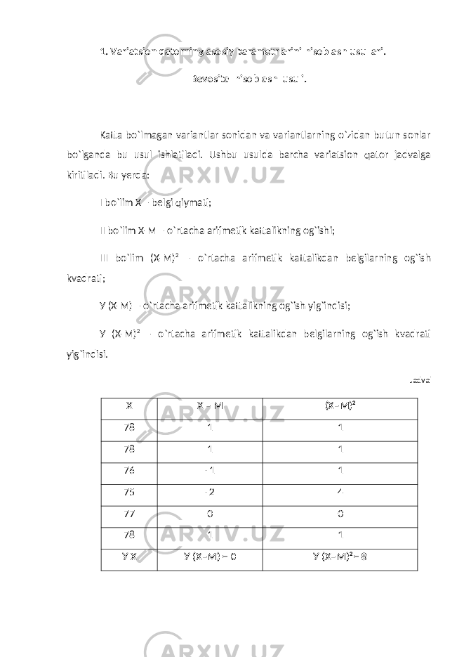1. Variatsion qatorning asosiy parametrlarini hisoblash usullari. Bevosita hisoblash usuli. Katta bo`lmagan variantlar sonidan va variantlarning o`zidan butun sonlar bo`lganda bu usul ishlatiladi. Ushbu usulda barcha variatsion qator jadvalga kiritiladi. Bu yerda: I bo`lim X – belgi qiymati; II bo`lim X-M – o`rtacha arifmetik kattalikning og`ishi; III bo`lim (X-M) 2 – o`rtacha arifmetik kattalikdan belgilarning og`ish kvadrati; У (X-M) – o`rtacha arifmetik kattalikning og`ish yig`indisi; У (X-M) 2 – o`rtacha arifmetik kattalikdan belgilarning og`ish kvadrati yig`indisi. Jadval Х Х – М (Х–М) 2 78 1 1 78 1 1 76 -1 1 75 -2 4 77 0 0 78 1 1 У Х У (Х–М) = 0 У (Х–М) 2 = 8 