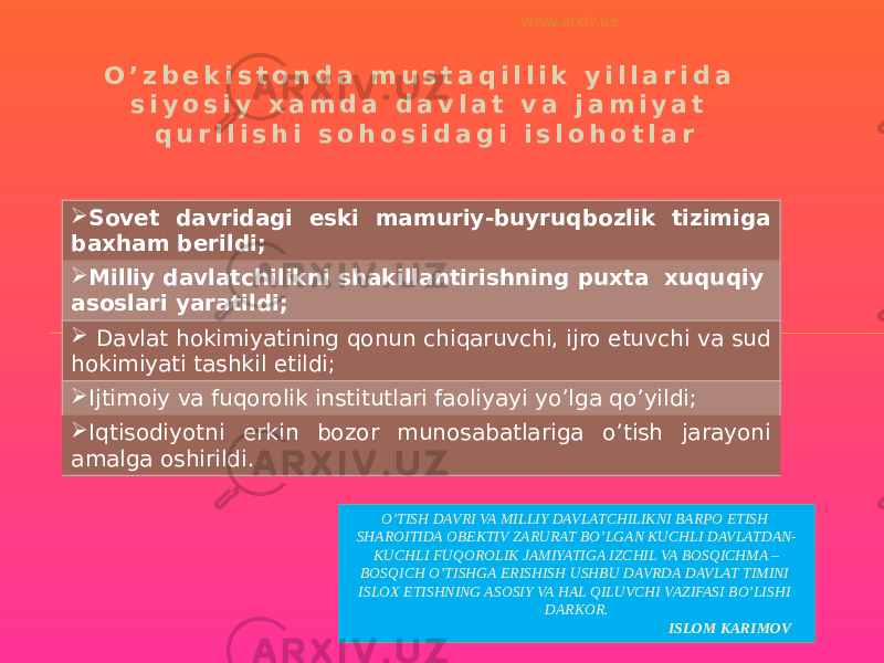 O ’ z b e k i s t o n d a m u s t a q i l l i k y i l l a r i d a s i y o s i y x a m d a d a v l a t v a j a m i y a t q u r i l i s h i s o h o s i d a g i i s l o h o t l a r O’TISH DAVRI VA MILLIY DAVLATCHILIKNI BARPO ETISH SHAROITIDA OBEKTIV ZARURAT BO’LGAN KUCHLI DAVLATDAN- KUCHLI FUQOROLIK JAMIYATIGA IZCHIL VA BOSQICHMA – BOSQICH O’TISHGA ERISHISH USHBU DAVRDA DAVLAT TIMINI ISLOX ETISHNING ASOSIY VA HAL QILUVCHI VAZIFASI BO’LISHI DARKOR. ISLOM KARIMOV Sovet davridagi eski mamuriy-buyruqbozlik tizimiga baxham berildi;  Milliy davlatchilikni shakillantirishning puxta xuquqiy asoslari yaratildi;  Davlat hokimiyatining qonun chiqaruvchi, ijro etuvchi va sud hokimiyati tashkil etildi;  Ijtimoiy va fuqorolik institutlari faoliyayi yo’lga qo’yildi;  Iqtisodiyotni erkin bozor munosabatlariga o’tish jarayoni amalga oshirildi. www.arxiv.uz 