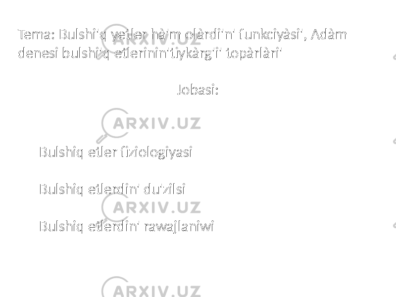 Tema: Bulshi&#39;q yetler hà&#39;m olàrdi&#39;n&#39; funkciyàsi&#39;, Adàm denesi bulshi&#39;q etlerinin&#39;tiykàrg&#39;i&#39; topàrlàri&#39; Jobasi: Bulshiq etler fiziologiyasi Bulshiq etlerdin&#39; du&#39;zilsi Bulshiq etlerdin&#39; rawajlaniwi 