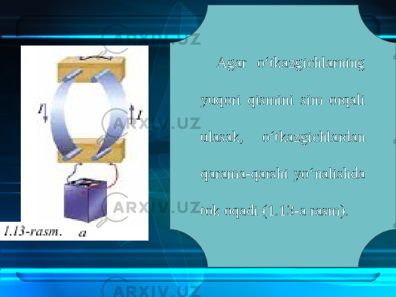 Agar o‘tkazgichlarning yuqori qismini sim orqali ulasak, o‘tkazgichlardan qarama-qarshi yo‘nalishda tok oqadi (1.13-a rasm). 