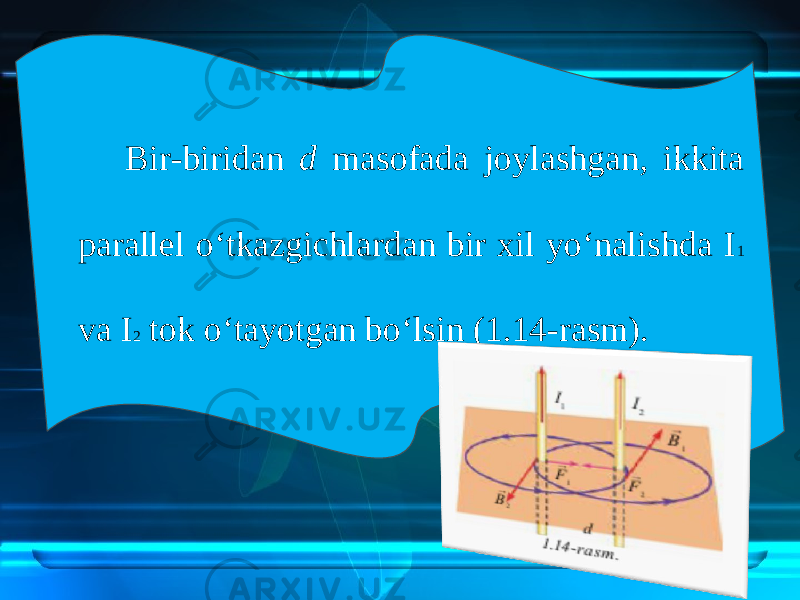 Bir-biridan d masofada joylashgan, ikkita parallel o‘tkazgichlardan bir xil yo‘nalishda I 1 va I 2 tok o‘tayotgan bo‘lsin (1.14-rasm). 