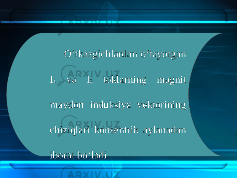 O‘tkazgichlardan o‘tayotgan I 1 va I 2 toklarning magnit maydon induksiya vektorining chiziqlari konsentrik aylanadan iborat bo‘ladi. 