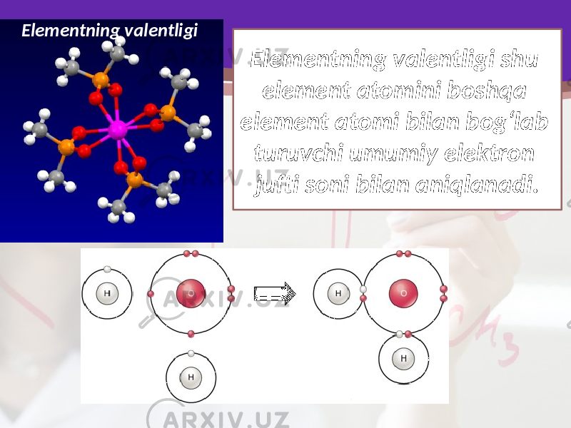 Elementning valentligi shu element atomini boshqa element atomi bilan bog‘lab turuvchi umumiy elektron jufti soni bilan aniqlanadi.Elementning valentligi 